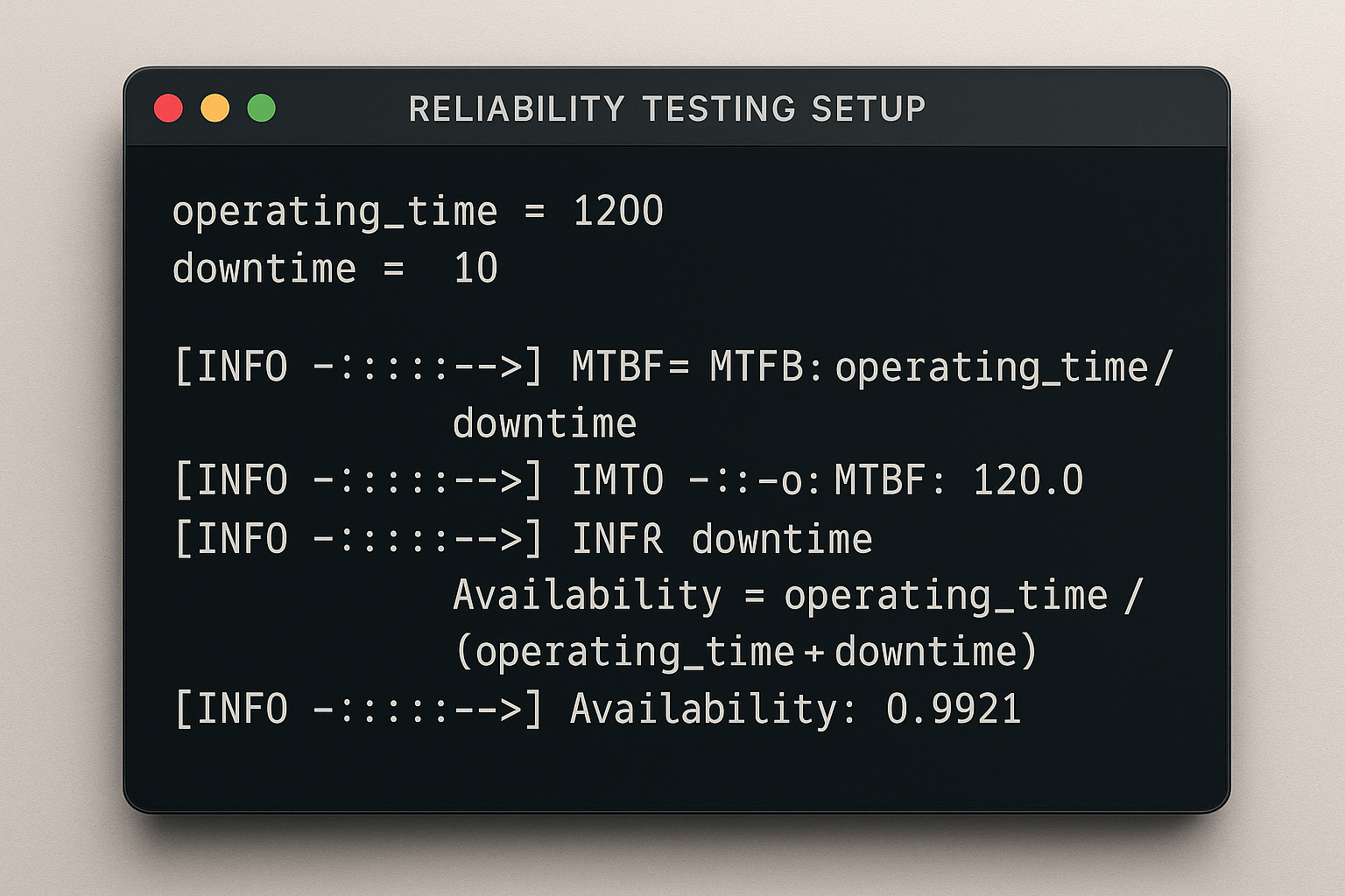 Code Snippet for Reliability Testing Metrics A sleek, modern terminal window showing a code snippet for reliability testing setup. UI elements and logs display Metric calculations like MTBF, MTTR and Availability with numerical examples.