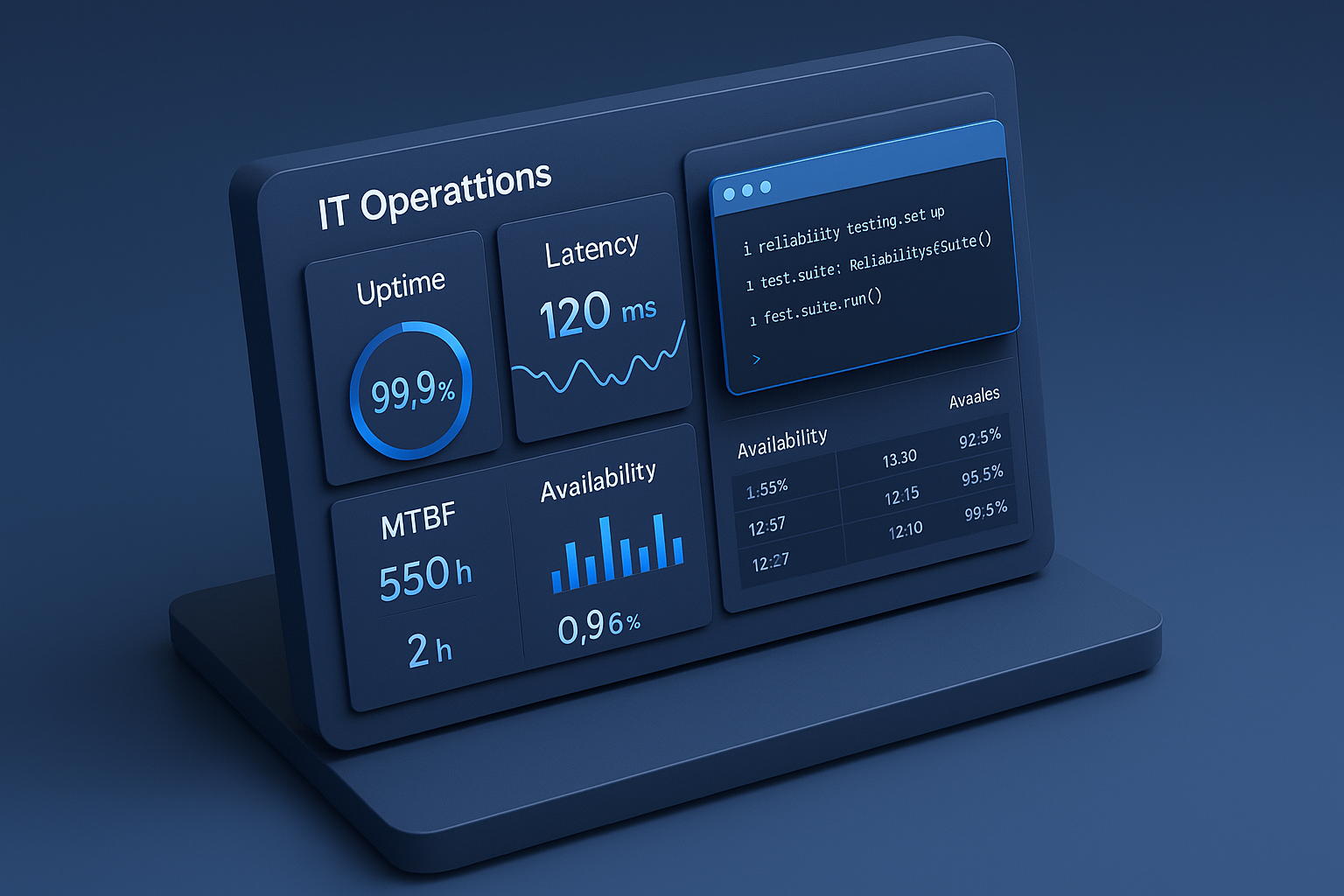 IT Operations Dashboard for Reliability Metrics A dynamic, 3D isometric render of an IT operation dashboard. Displays virtual gauges for system uptime, latency, and error rate represented as graphs and real-time analytics. Color palette includes RadView Blue for emphasis.