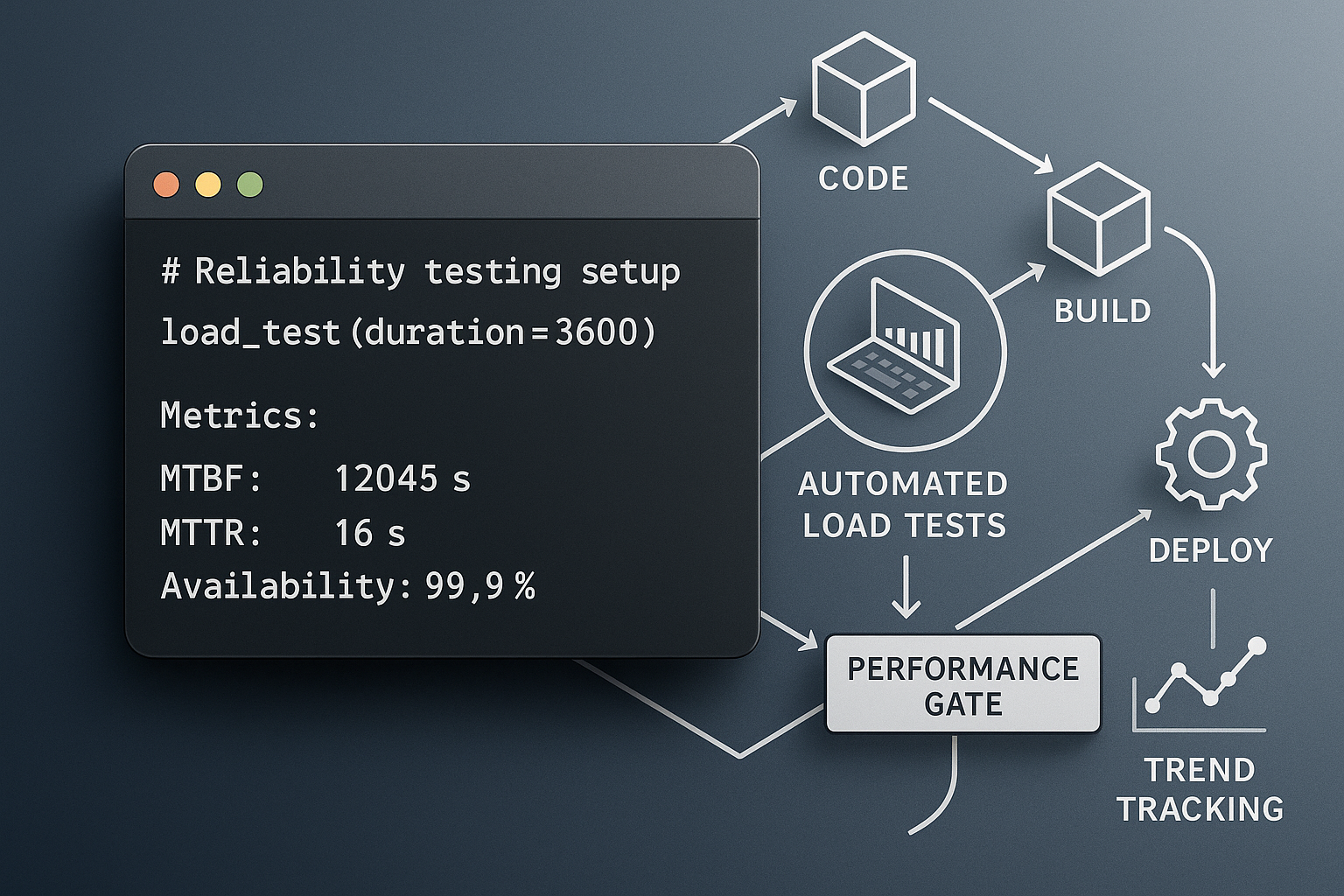 Continuous Load Testing in CI/CD Pipeline An isometric vector line-art illustration of a CI/CD pipeline with steps for continuous load testing. Highlight automated load tests, performance gates, and trend tracking over releases.