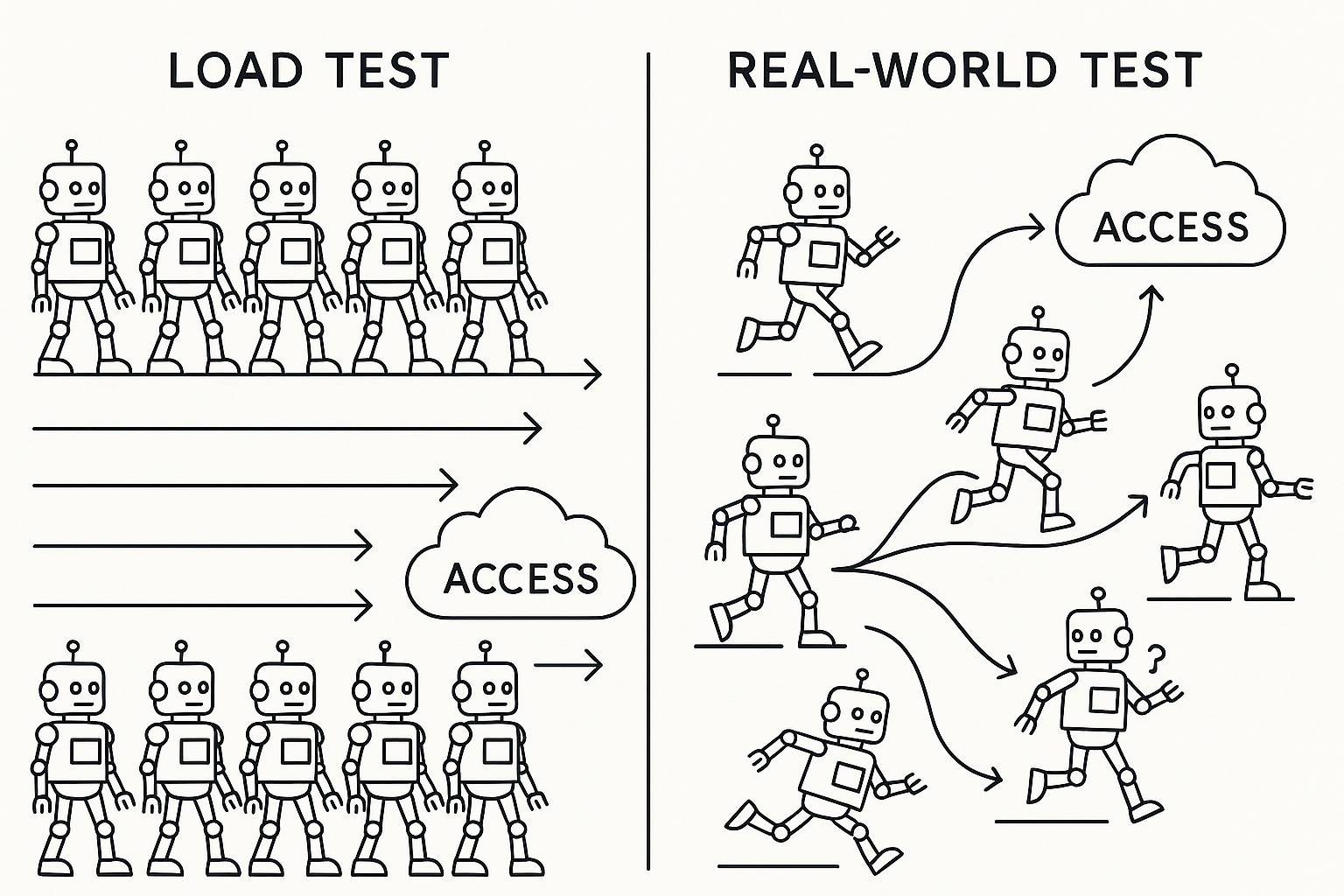 Ineffective vs. Effective Load Testing A detailed vector line-art illustration of a chaotic and ineffective load test scenario. Virtual users are depicted as identical robots following a single path in unison, making repeated access requests, indicated by a repetitive pattern of arrows on straight lines. The scene transitions to a real-world test scenario where diverse paths branch out, and robots demonstrate varied behaviors and timing, highlighting the difference in load testing approaches.