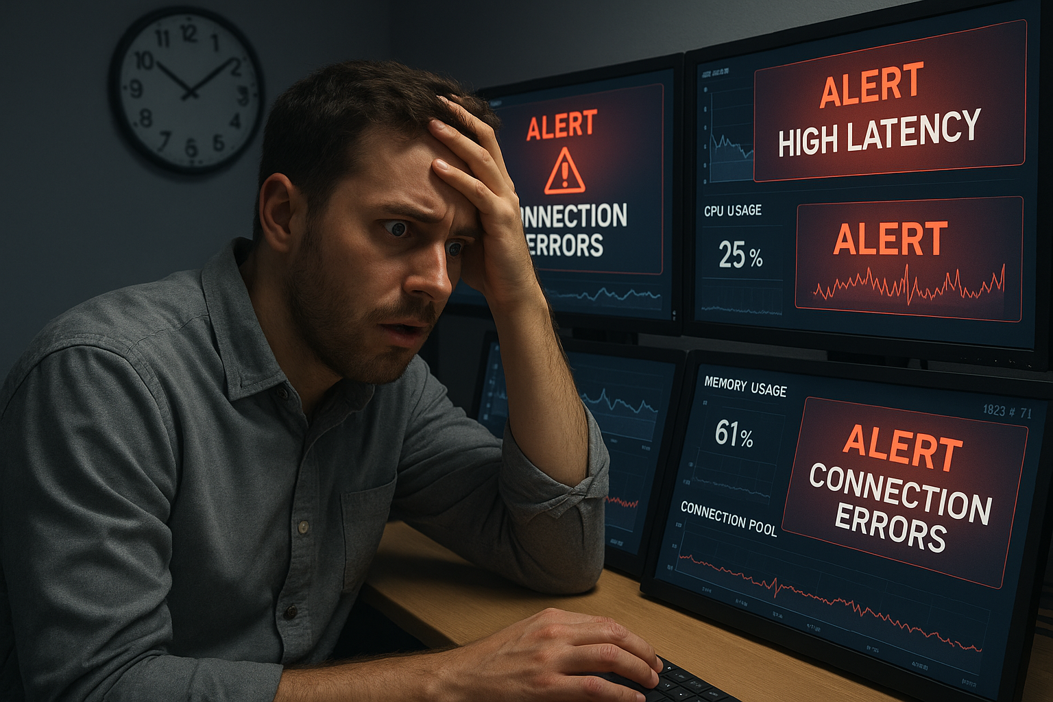 Friday Night Connection Crisis A detailed, photorealistic composite illustrating an overwhelmed engineer staring at a dashboard filled with alerts. In the background, a clock shows 11 PM, depicting urgency. The dashboard screens display metrics such as high latency and connection errors beside normal CPU and memory readings, capturing the feeling of confusion during connection pool exhaustion. Soft shadows and subtle lighting highlight the scene.