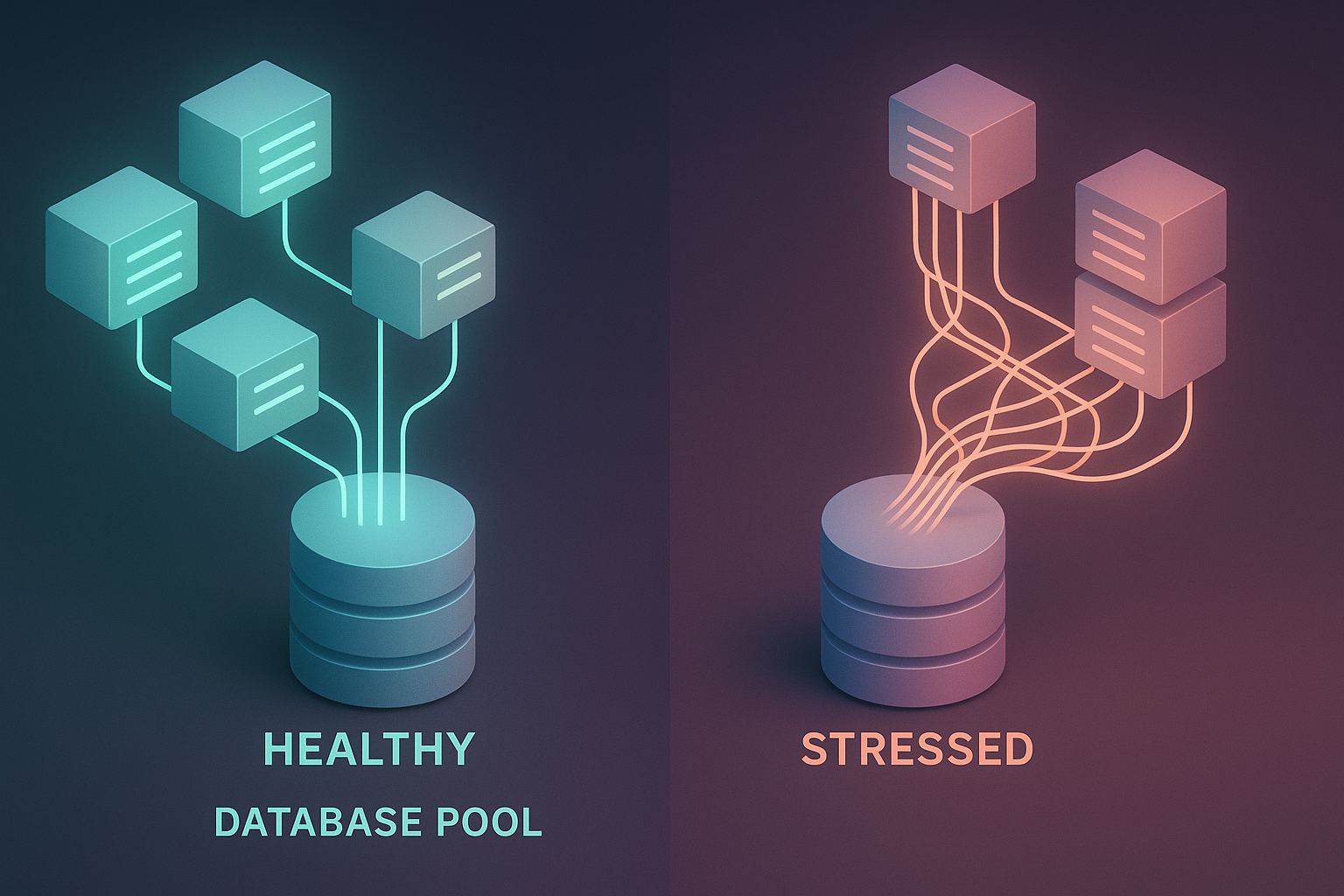 Visualizing Database Connection Bottlenecks A 3D isometric render of a database server environment diagram showing connections from application nodes to a database pool. One side displays a healthy environment with a few nodes linking seamlessly to the database. The other side shows a stressed environment with congestion at the pool, represented by overlong, crowded connections forming bottlenecks. Use soft neon colors for a modern tech aesthetic.