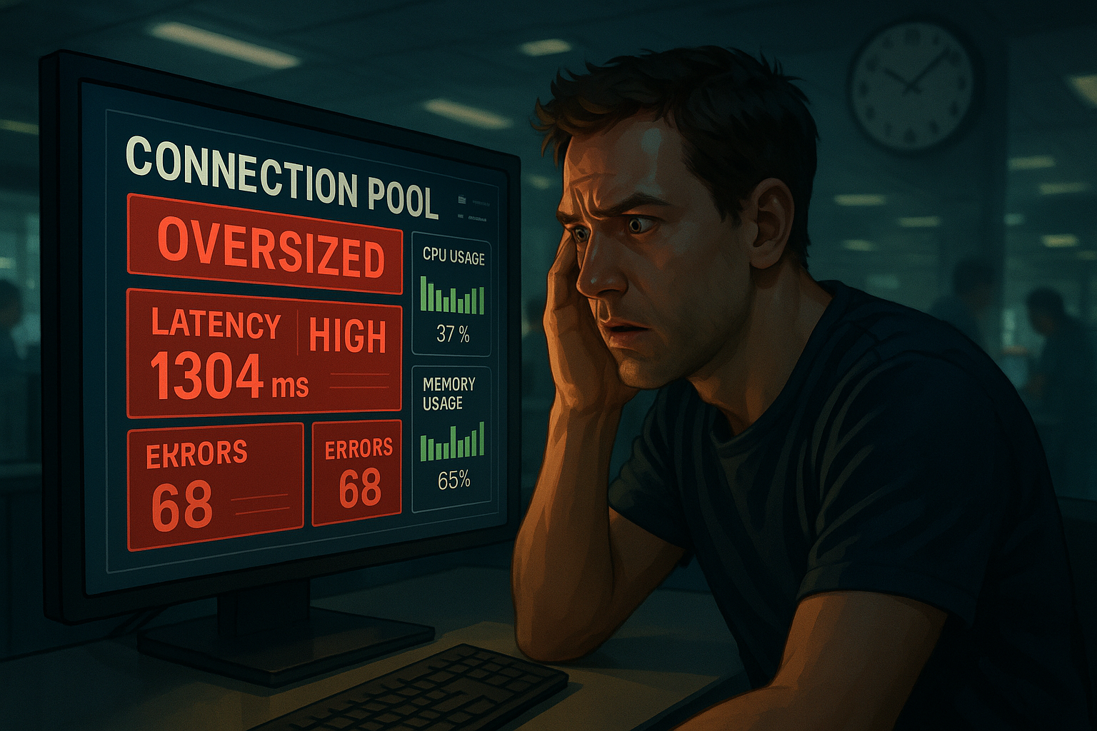 Emergency Lever: Connection Pool Upsize A cinematic illustration showcasing an emergency room-like scene focused on a digital display. The display highlights an oversized connection pool with exaggerated metrics such as high latency and errors, depicted in an immersive UI. The environment has ambient lighting, underscoring urgency and action, with blurred team members working in the background.