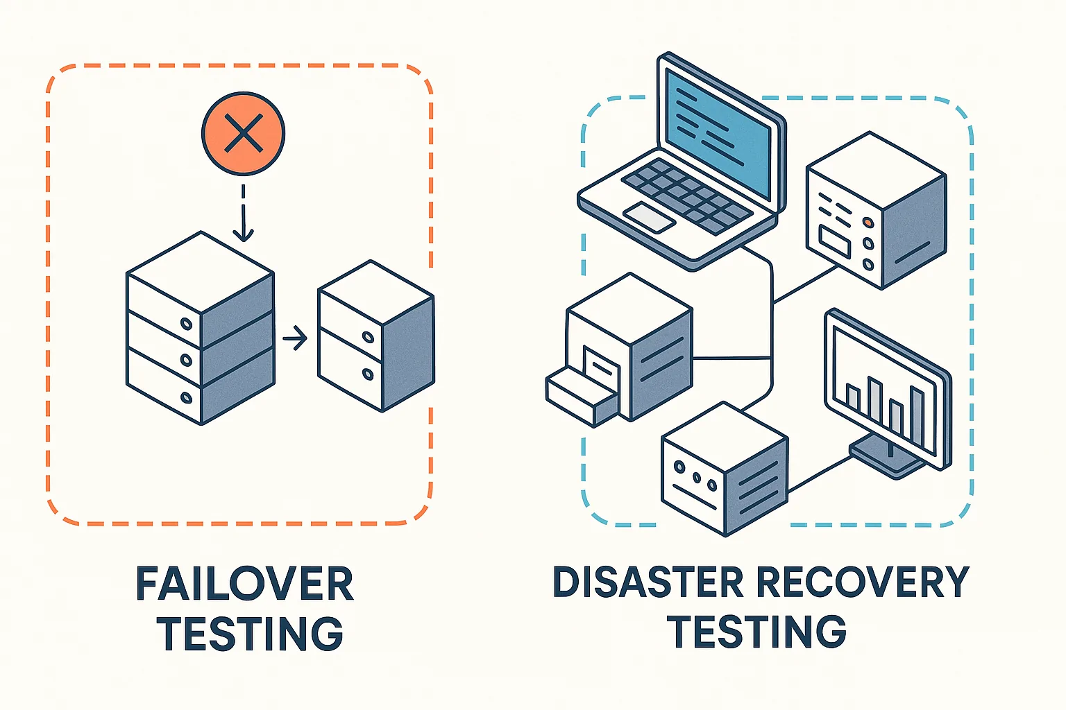 Failover vs. Disaster Recovery Testing An isometric diagram illustrating the distinction between failover testing and disaster recovery testing. Show failover testing focusing on a single component like a database node or app server, and disaster recovery testing covering multiple interconnected systems across a business operation. Use vector line-art style with a modern tech aesthetic, with color coding for different test scopes.