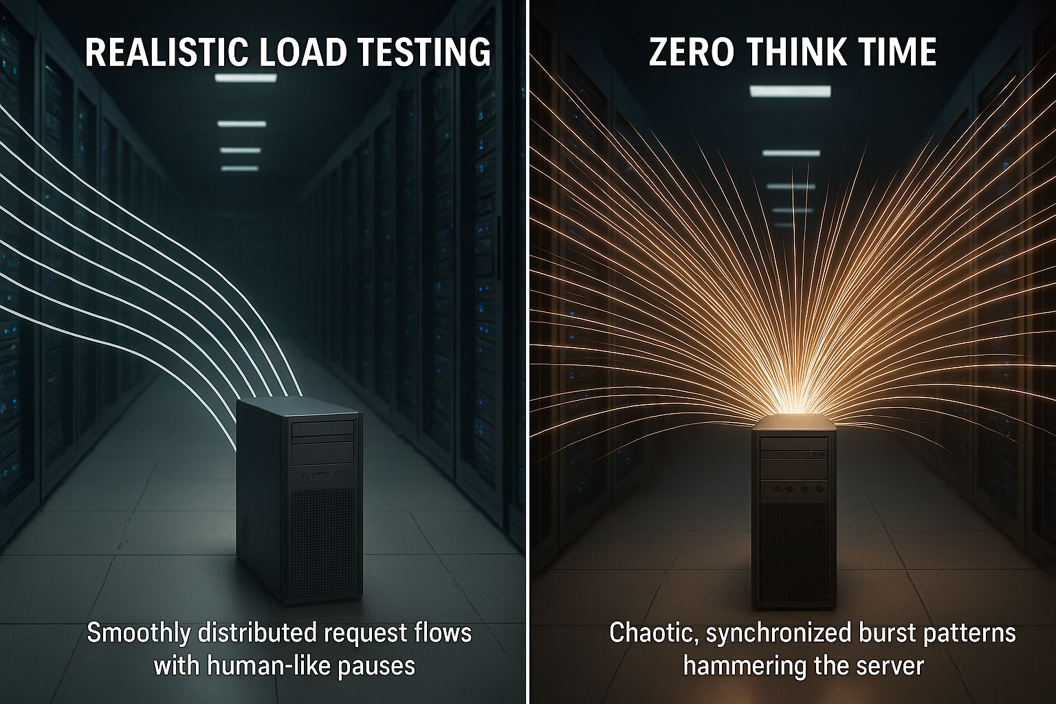A photorealistic composite showing a contrast between a realistic load testing setup with human-driven traffic and an unrealistic setup with zero think time. The left side displays a server room with smoothly distributed request flows visualized as lines in an organized manner, representing human-like pauses. The right side, shows chaotic, synchronized burst patterns hammering the server, symbolizing zero think time. Style: photorealistic, dual-composition, informative.