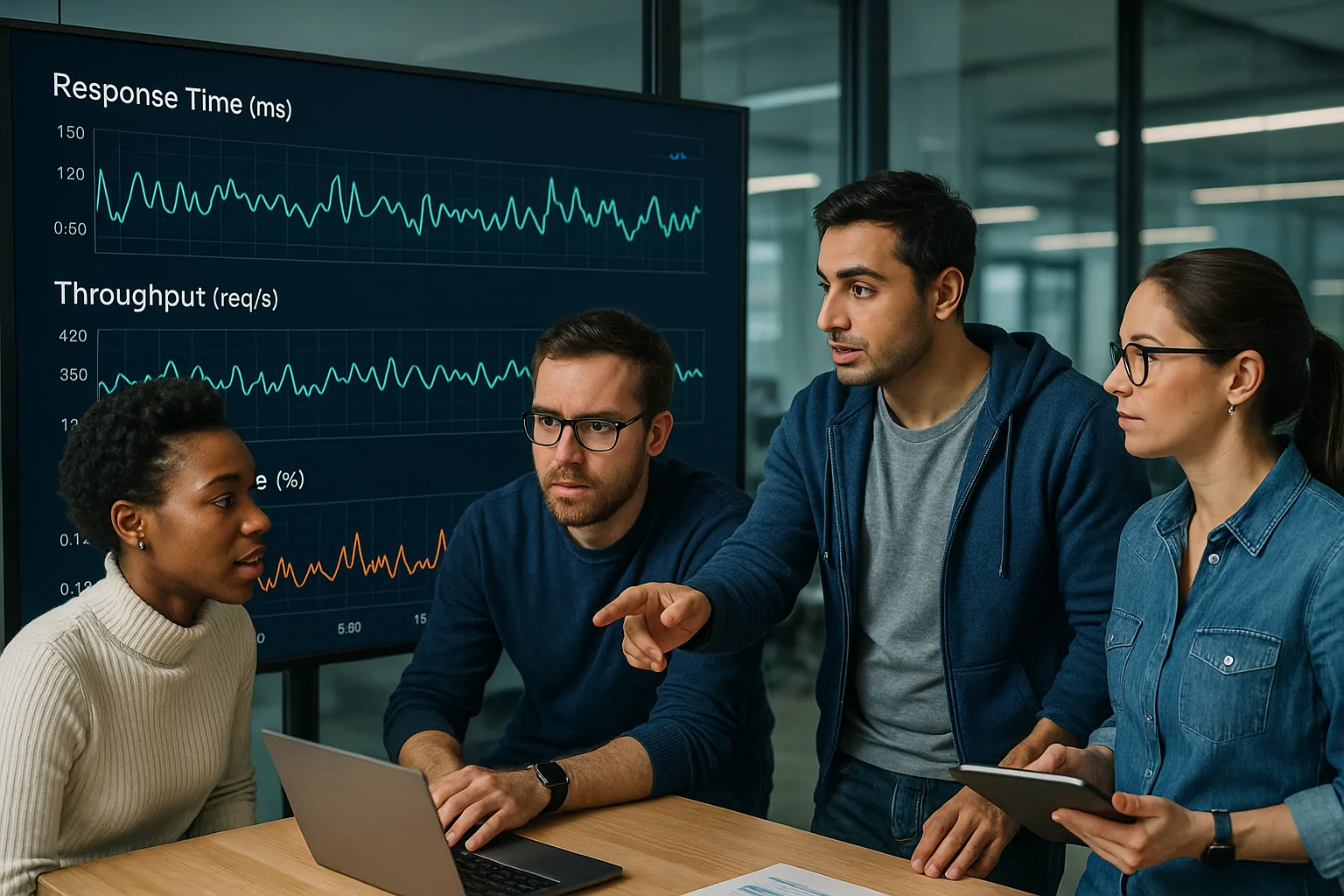 Engineering Team Analyzing Performance Data A photorealistic composite showing a diverse engineering team collaborating over a large screen displaying complex graphs. The graphs show a server's response time, throughput, and error rate. The team looks focused and engaged, highlighting a modern tech office aesthetic with screens showcasing real-time data. Style: dynamic and realistic, with soft shadows and clean design elements.