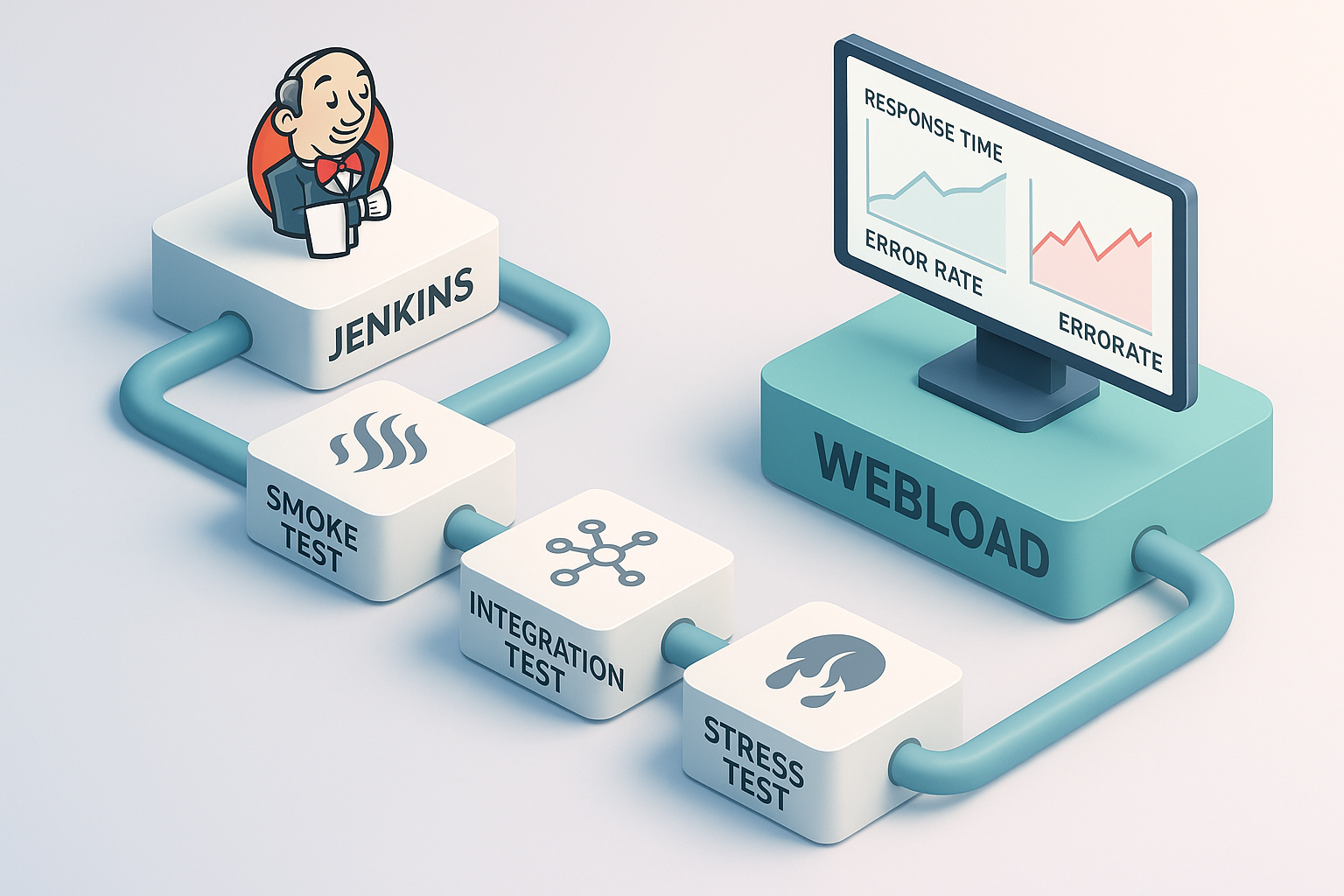 Jenkins CI/CD Pipeline for Performance Testing An isometric 3D render of a Jenkins pipeline with multiple stages. Each stage is labeled with icons representing different types of testing like smoke, integration, and stress tests. The pipeline flows through to a WebLOAD performance test stage, depicted with graphs showing response time and error rate. Style: clean, modern tech aesthetic with a light gradient background.
