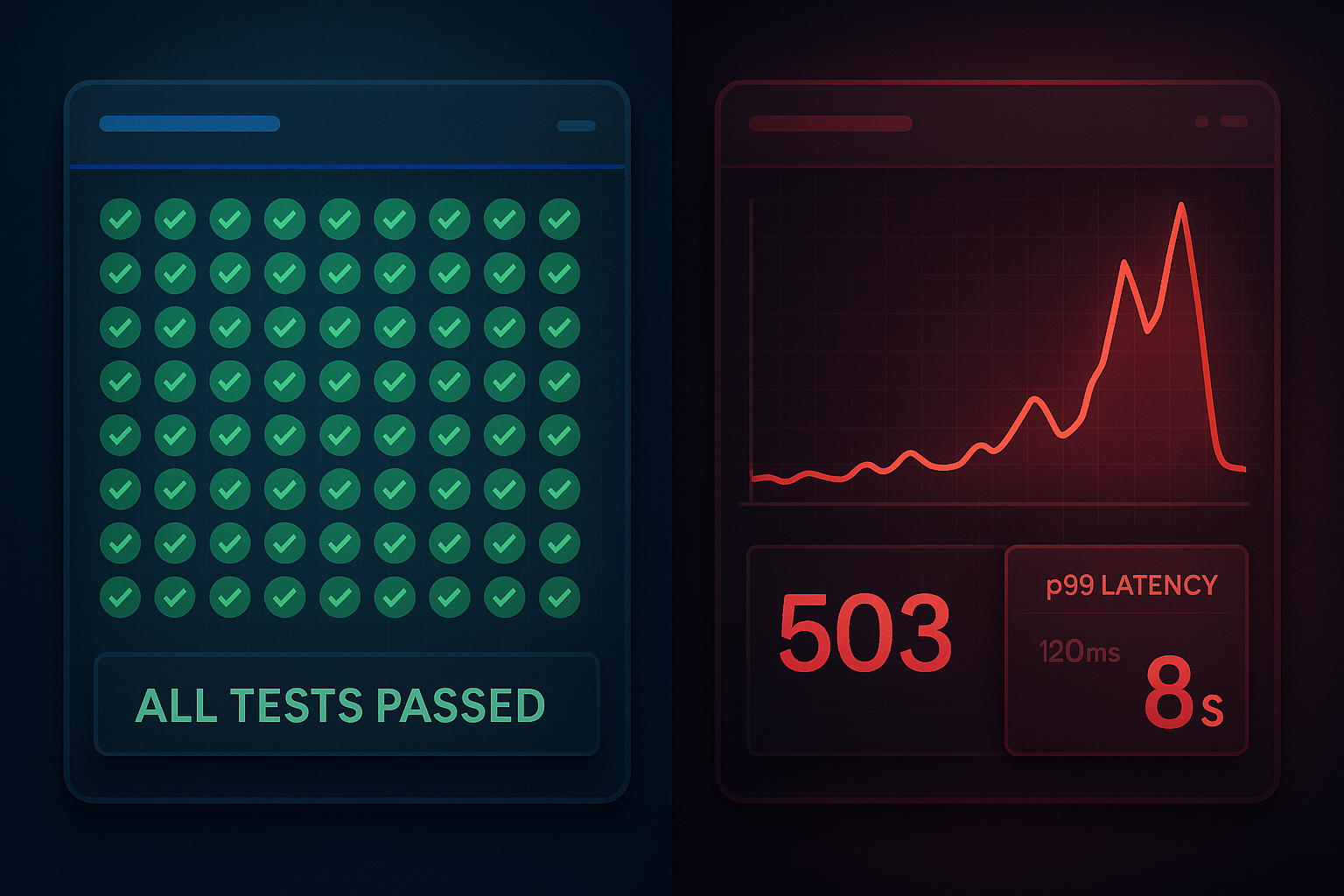 Green Tests, Red Production Split-panel showing 200 green passing tests on the left and the same API failing with 503 errors and ballooning p99 latency under production traffic on the right