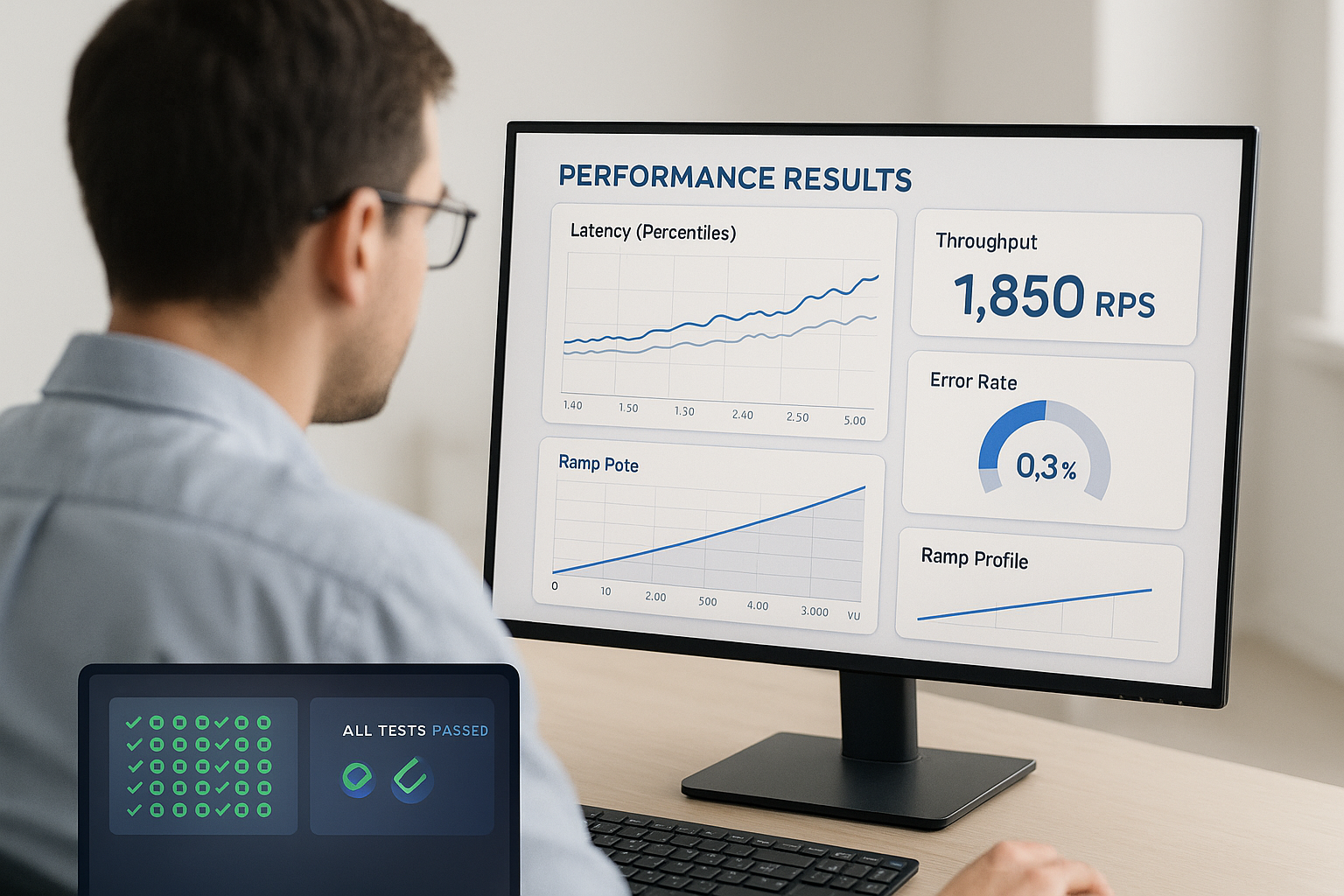 Reading the Latency Dashboard Over-the-shoulder view of an engineer reviewing a performance dashboard showing p50, p95, and p99 latency lines, 1,850 RPS throughput, a 0.3% error-rate gauge, and a ramp profile climbing 0 to 5,000 VUs