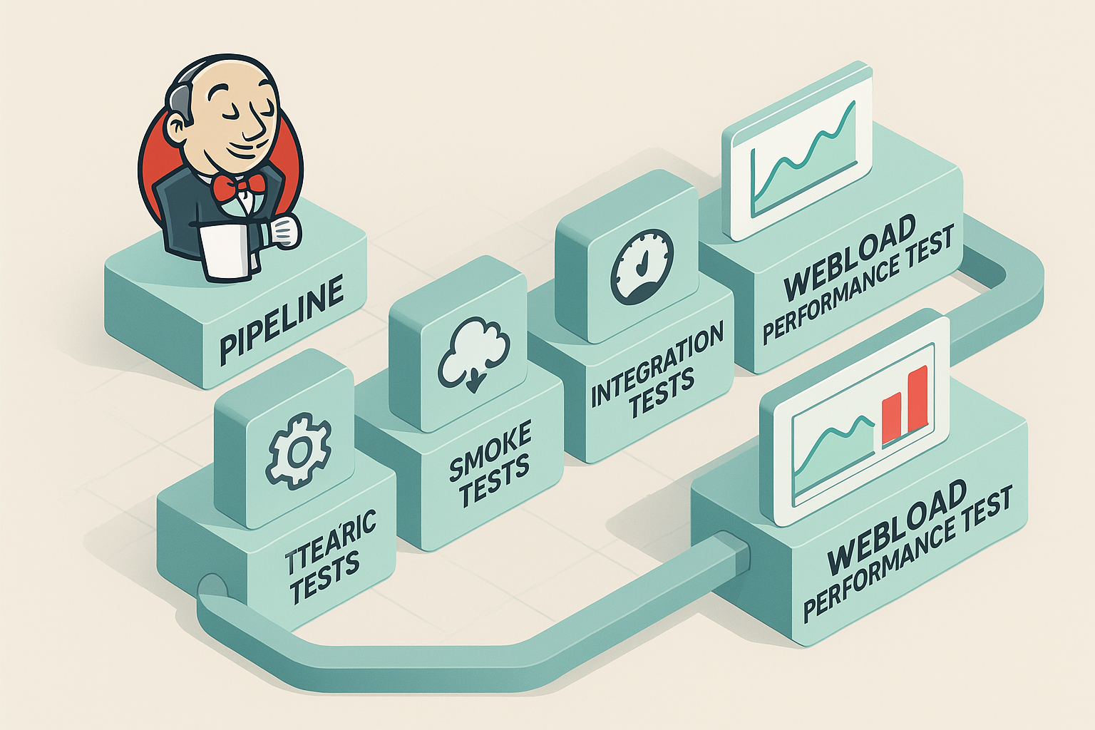 Multi-Region Load Testing with Jenkins A flat design illustration of parallel Jenkins performance tests across multiple geographic regions. Each region is represented by a small globe icon with arrows pointing to labeled charts showing WebLOAD results. These include metrics like response time, error rate, and throughput, with color-coded thresholds. Background is a dark theme with subtle grid lines.