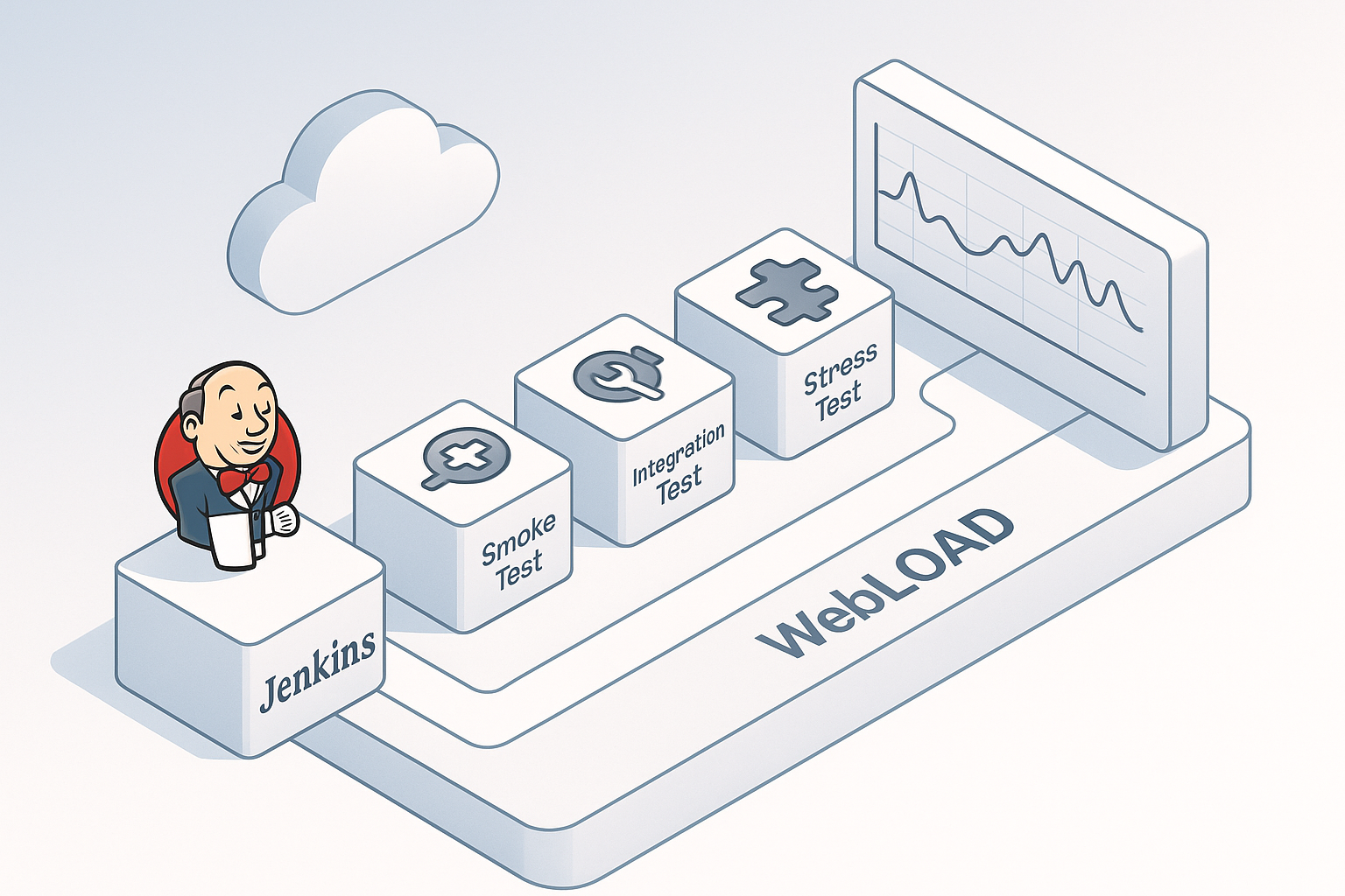 Dockerized Load Generators for Jenkins A minimalist vector line-art showing a Docker container with WebLOAD logo and a Jenkins gear logo interacting. It shows the concept of ephemeral, reproducible pipeline agents with cloud elements and network connections symbolizing the Docker setup. Background is lightly shaded with soft blue tones.