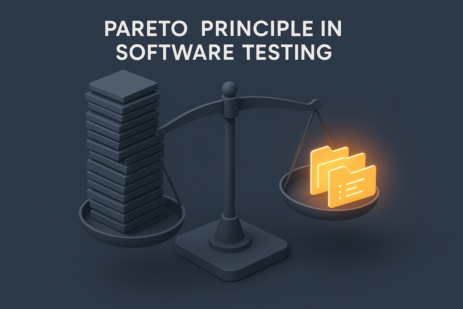 Balancing Code Testing with the Pareto Principle A balanced scale with one side stacked high with numerous irrelevant code modules, and the other side with a few critical code modules, illustrating the Pareto Principle in software testing. The modules are represented as folders or files, the critical ones glowing or highlighted. Style: 3D isometric render, with a minimalist, modern tech aesthetic.