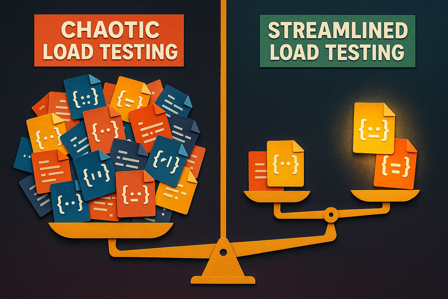 Efficient Load Testing with the 80/20 Rule A vibrant, contrastive split-image contrasting two scenarios: on the left, a chaotic load testing setup with too many test scenarios causing confusion, and on the right, a streamlined load testing approach focusing on a few high-signal scenarios, demonstrating the efficiency of the 80/20 rule. Style: paper-cut collage with a dark, gradient background highlighting the difference in clarity.