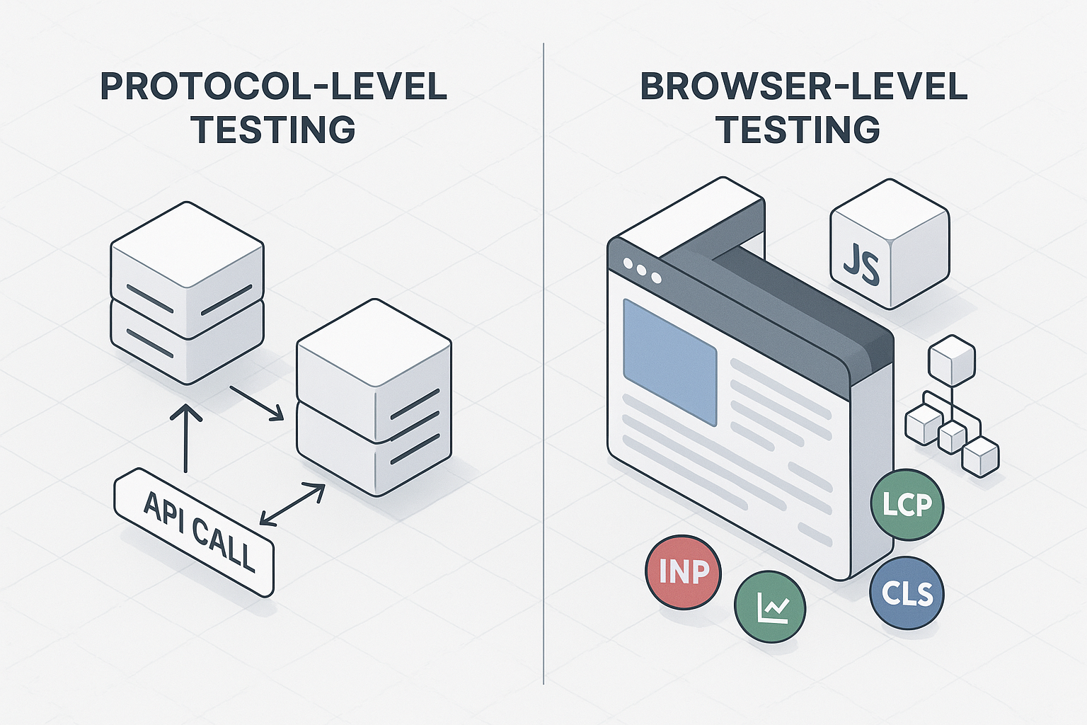 Protocol vs. Browser Testing An isometric 3D render illustrating the difference between protocol-level and browser-level testing. The left side shows a simplified server interaction flow with API calls represented as arrows and servers; the right side depicts a rich browser interface with various elements like JavaScript execution, DOM rendering, and user metrics (LCP, INP, CLS) icons. Style: clean, data-focused, with a tech-oriented modern aesthetic.