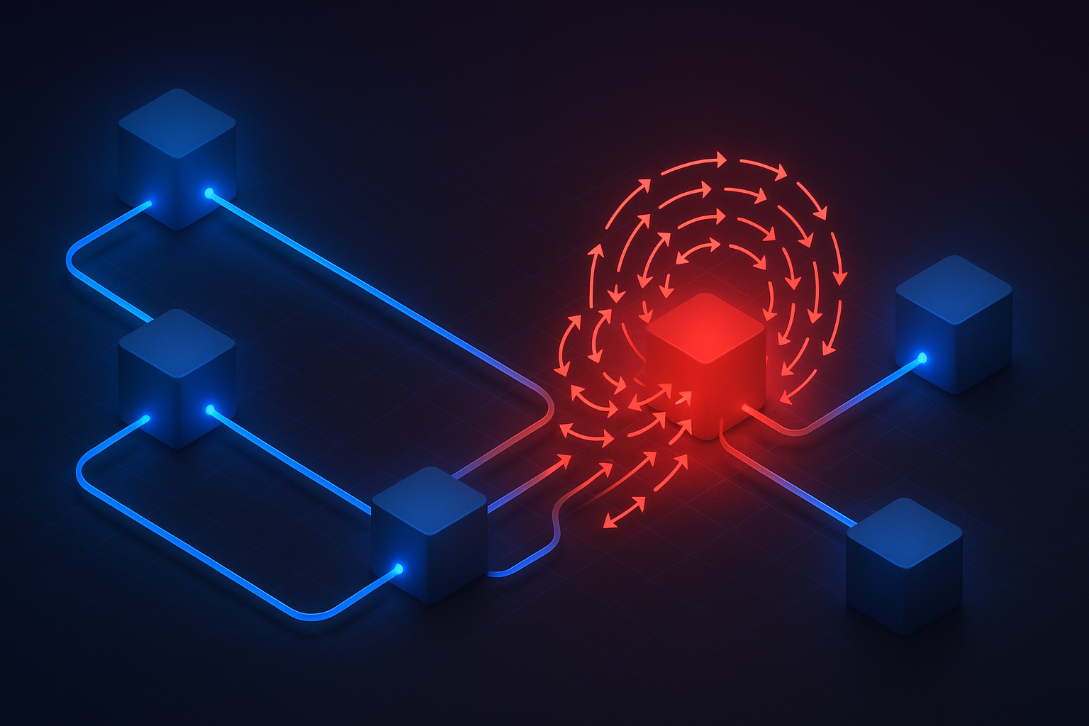 Cascading Failure Across Microservices Cascading failure spreading across connected microservices nodes in an isometric topology
