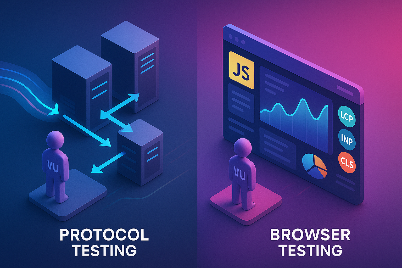 Hybrid Testing Architecture A cinematic illustration showing a hybrid testing architecture. It uses split focus to depict both protocol VUs managing API and data flow and browser VUs performing tasks like rendering complex dashboards and animated graphs, emphasizing their distinct functions. Style: vibrant with dynamic motion elements showing data flow, gradient background.