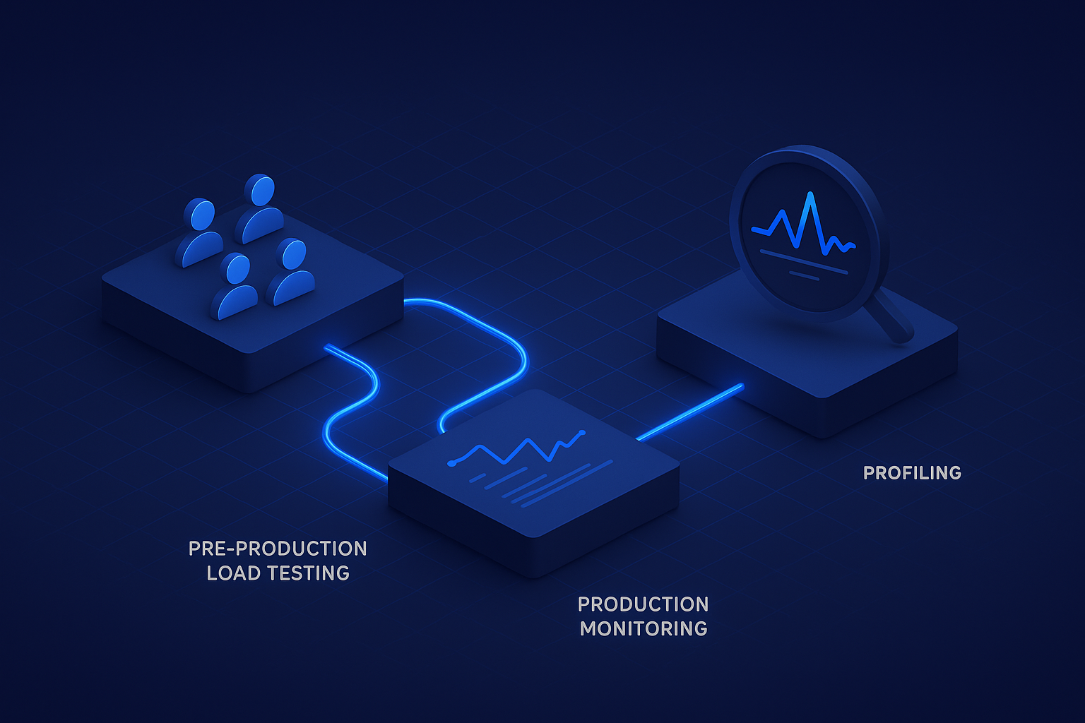 The Unified Performance Tooling Landscape Isometric 3D render of a unified performance tooling ecosystem connecting load testing, monitoring, and profiling zones