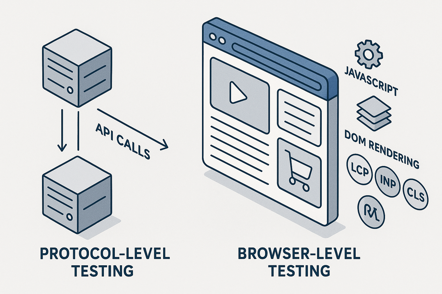 Real-World Load Testing Scenarios A vector line-art illustration showing the complex real-world load testing process experienced in e-commerce and financial application scenarios. Includes icons for components like cart updates, third-party scripts, and real-time visualization during testing. Style: minimalist, with a structured and informative flow diagram.