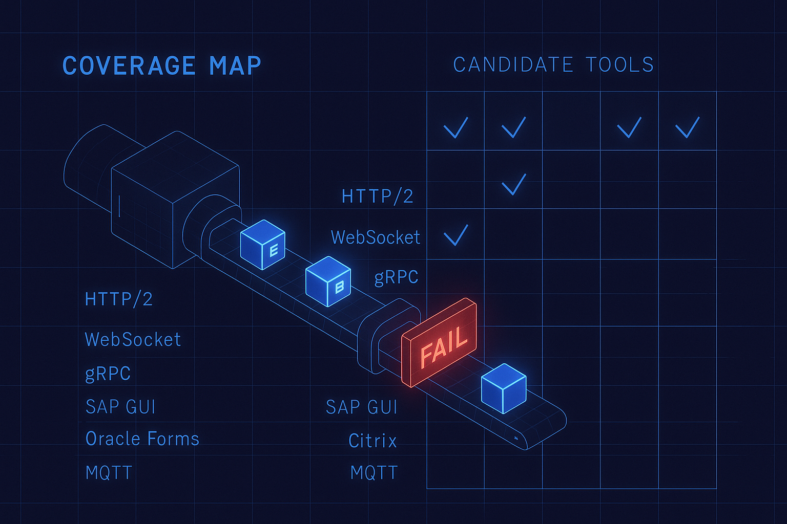 Performance Budget Gating in the Pipeline Isometric CI/CD pipeline showing code commit cubes moving through stages with one blocked at a gate displaying a red FAIL barrier because p95 exceeds 800ms