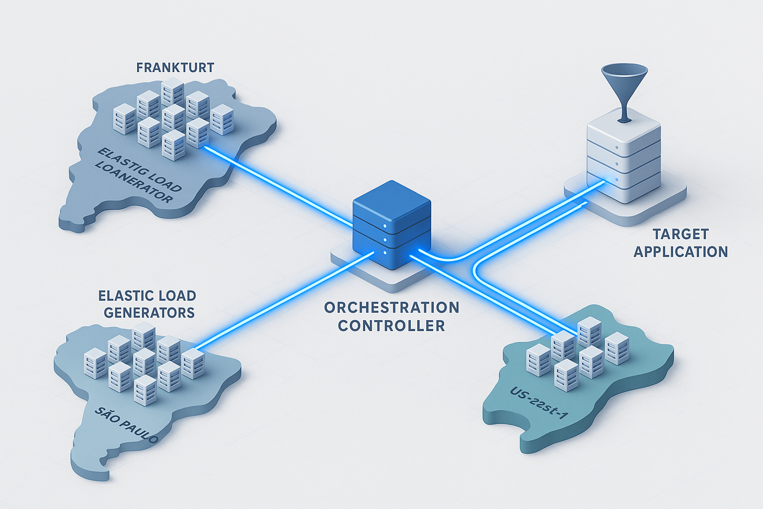 Elastic Geo-Distributed Load Generation Architecture Elastic, on-demand load generators distributed across Frankfurt, São Paulo, and us-east-1 regions sending traffic to a target application from a central controller