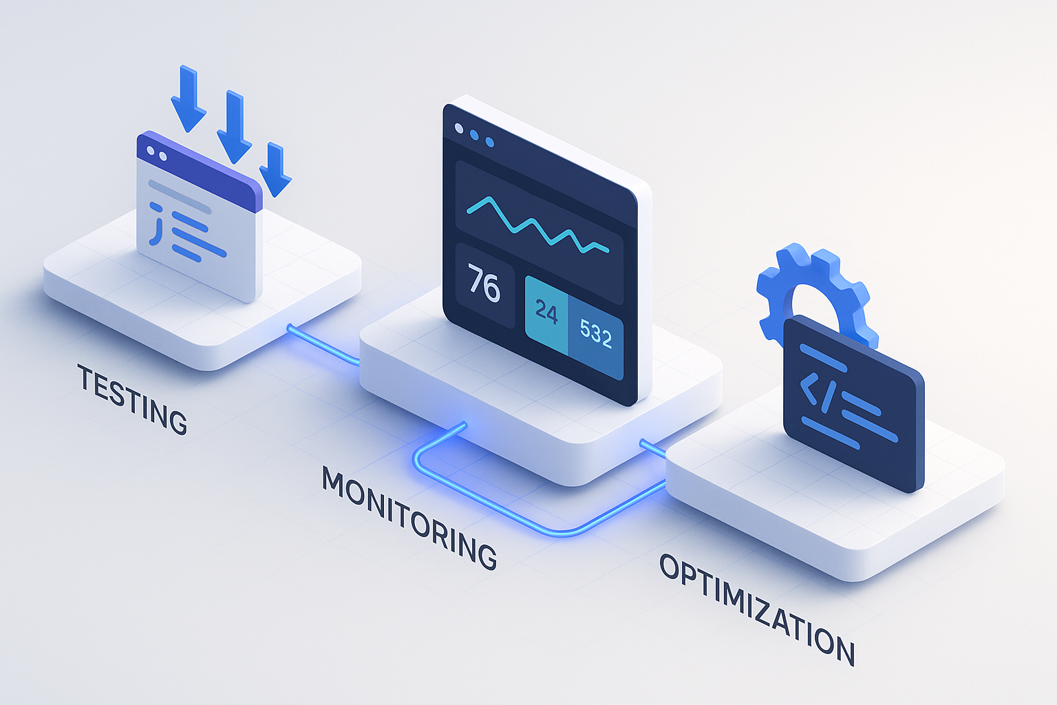 The Three Pillars of Performance Tooling Diagram of the three pillars of performance tooling—Testing, Monitoring, and Optimization—connected into one workflow