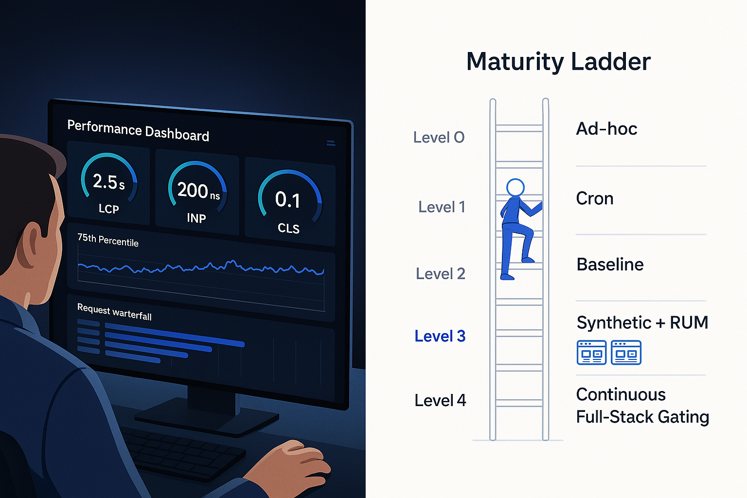 Reading Core Web Vitals on the Dashboard Engineer viewing a dark-themed dashboard showing LCP, INP, and CLS gauge cards alongside a 75th-percentile field-data chart and request waterfall