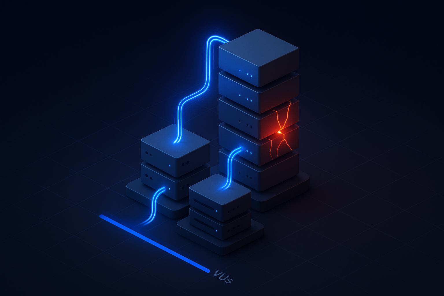 Pushing Systems to the Breaking Point Isometric render of a modular server stack under escalating load with one tier cracking and glowing red at its breaking point