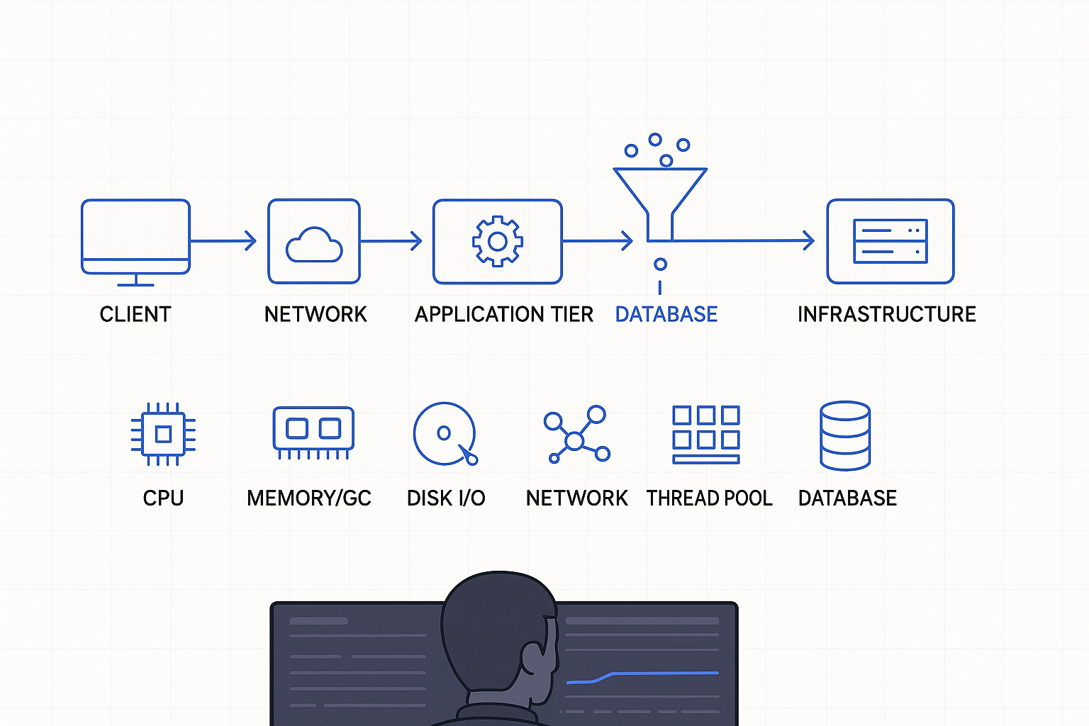 The Six Bottleneck Classes Stack Diagram of the request pipeline from client to infrastructure showing the six bottleneck classes with a database node narrowed as the constraint