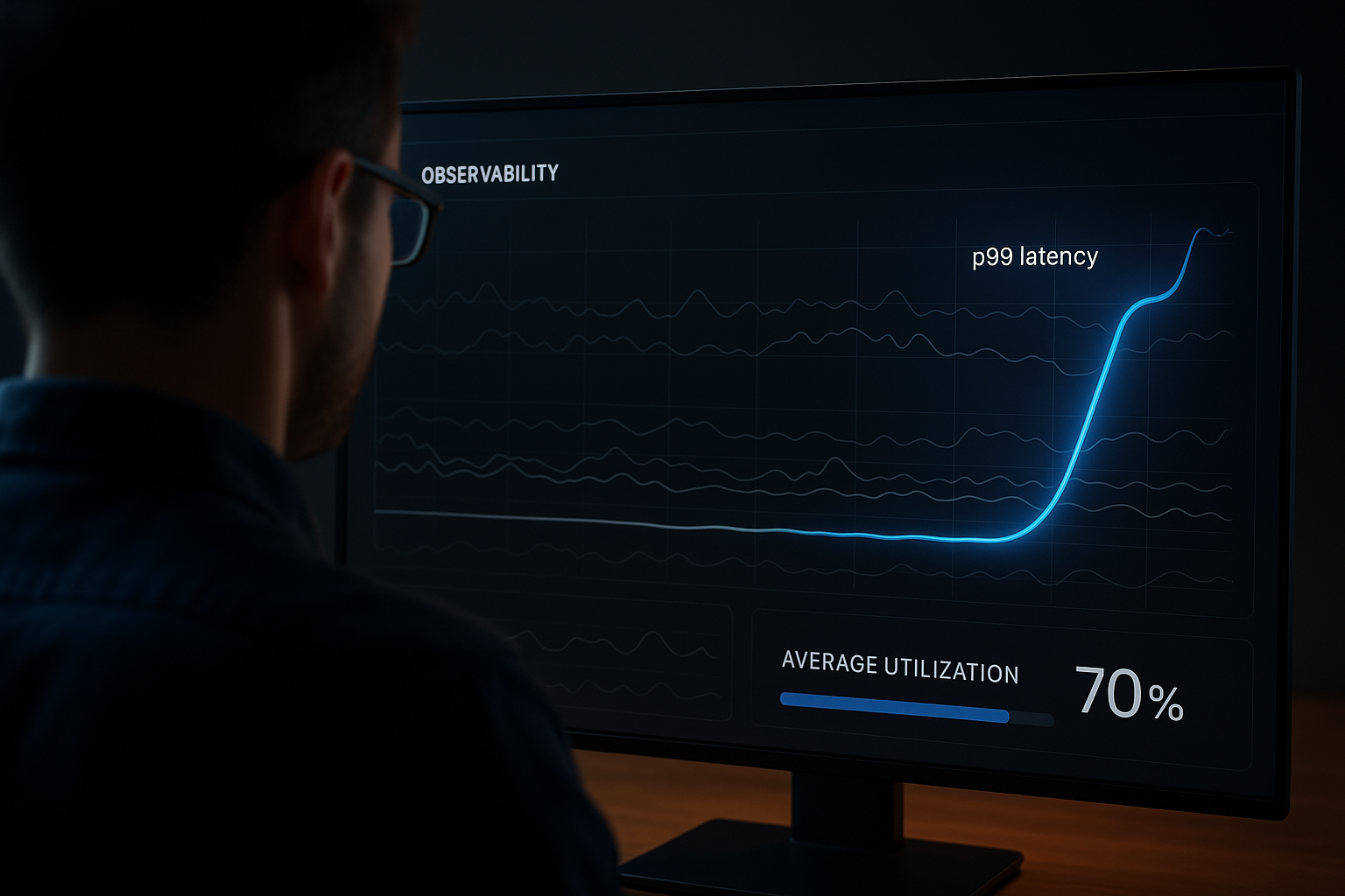 Spotting the Saturation Knee Observability dashboard showing a p99 latency curve bending sharply into a glowing knee while an averaged utilization bar reads a calm 70%