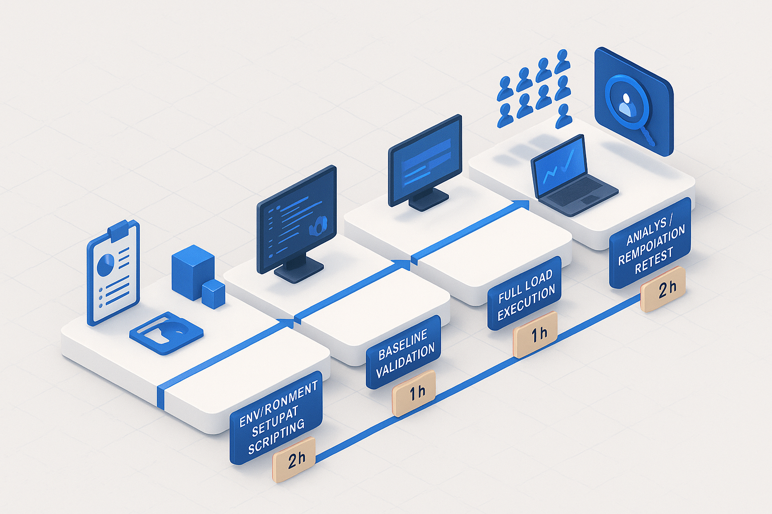 The Five-Phase Load Testing Timeline Isometric five-station load testing pipeline showing scoping, scripting, baseline validation, full load execution, and remediation retest phases