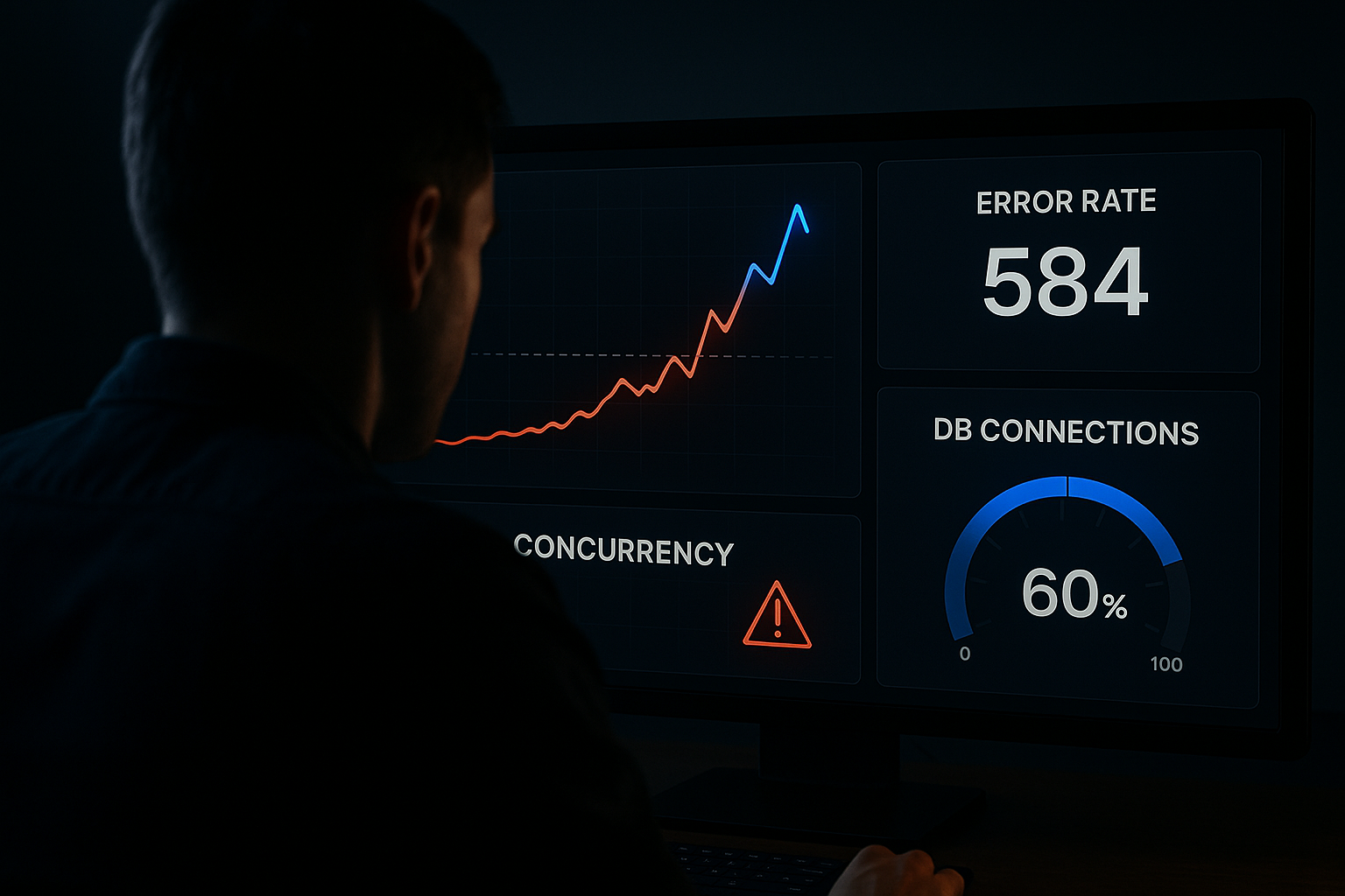 Anatomy of a Traffic-Surge Outage On-call engineer monitoring a spiking concurrency dashboard with climbing error rates during a traffic-surge outage