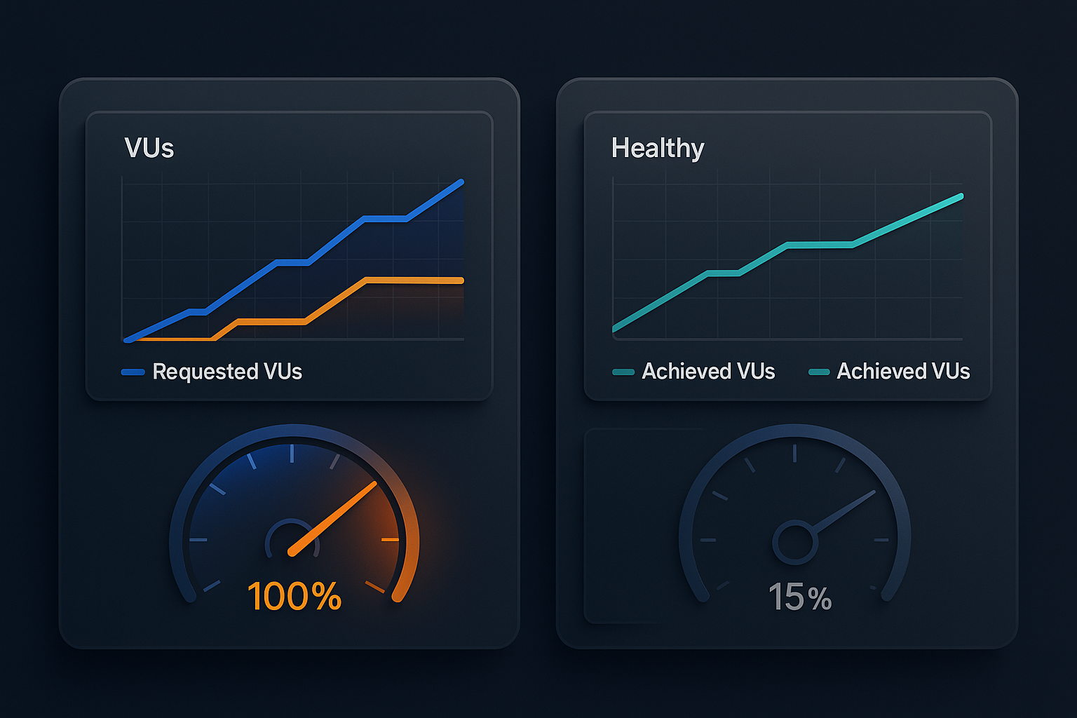 When the Generator Is the Bottleneck Split-panel dashboard comparison showing a saturated load generator with pegged CPU and diverging VU lines versus a healthy dashboard with tracking VU lines