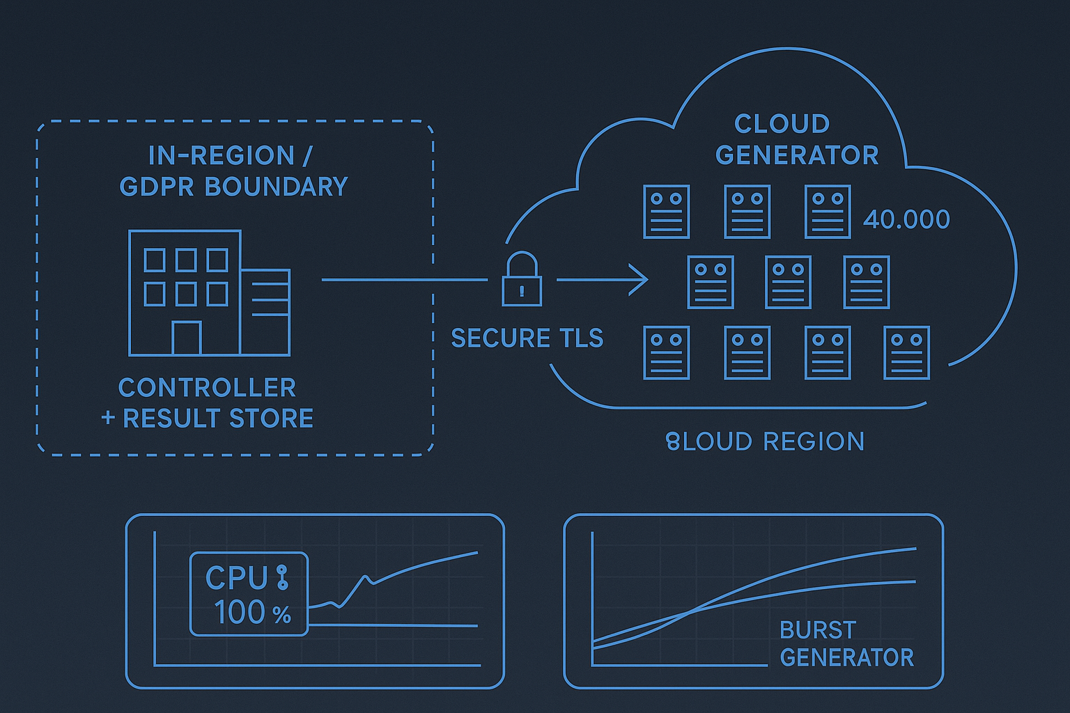 Hybrid Load Testing Reference Architecture Vector architecture blueprint showing an on-premise controller and result store within a GDPR in-region boundary connected via a secure TLS arrow to cloud burst generators streaming aggregated metrics