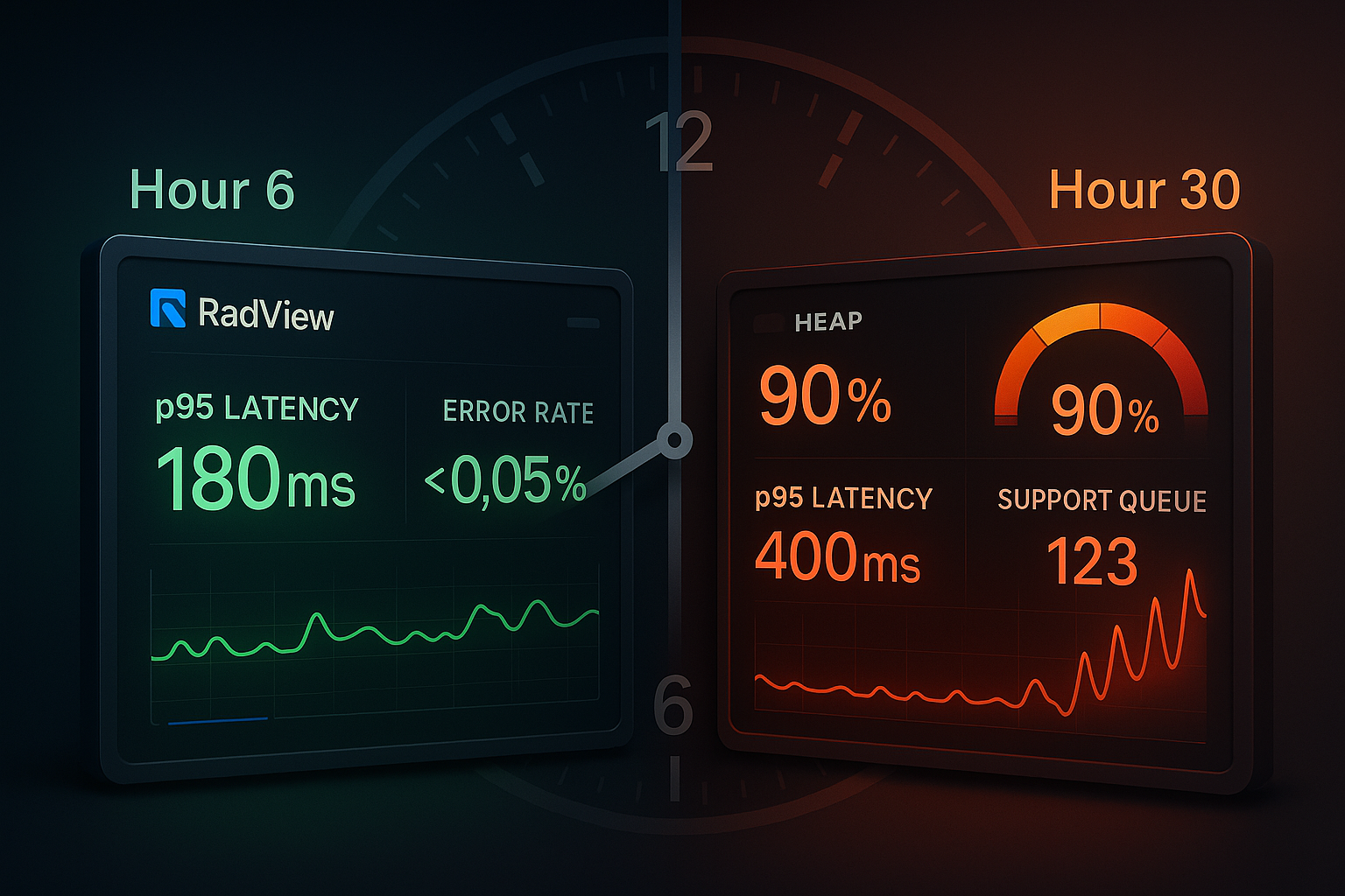 The 30-Hour Degradation Timeline Split-panel dashboard comparison showing a system healthy at hour 6 and near-collapse at hour 30